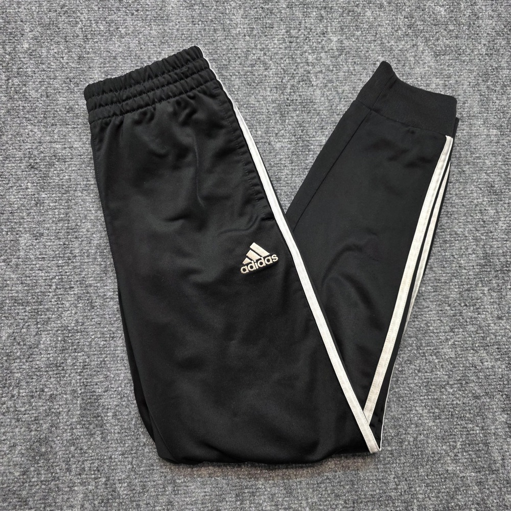 Adidas Kids Black Track Pants Size M 10/12 White Stripes Joggers Recycled Poly